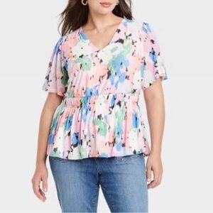 AVA & VIV Multicolor Floral V-Neck Flutter Sleeve peplum top plus size 3X